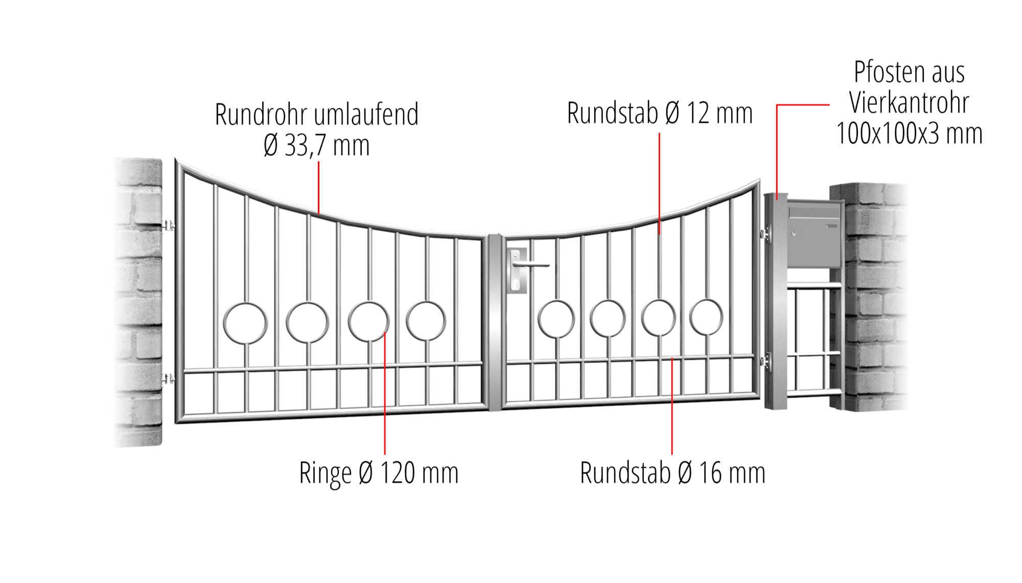 Gartentor Edelstahl 2-flügelig Kreis Stab 2 Unten, UB, BK