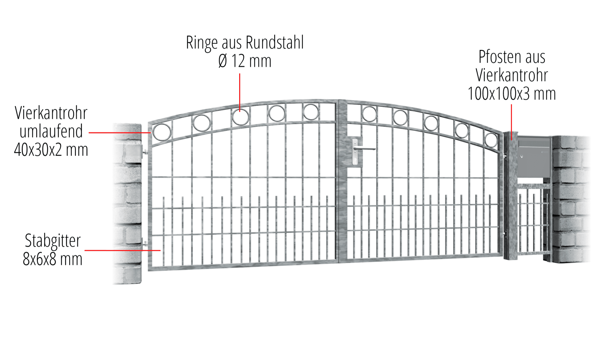 Gartentor verzinkt 2-flügelig Ringreihe, OB, BK