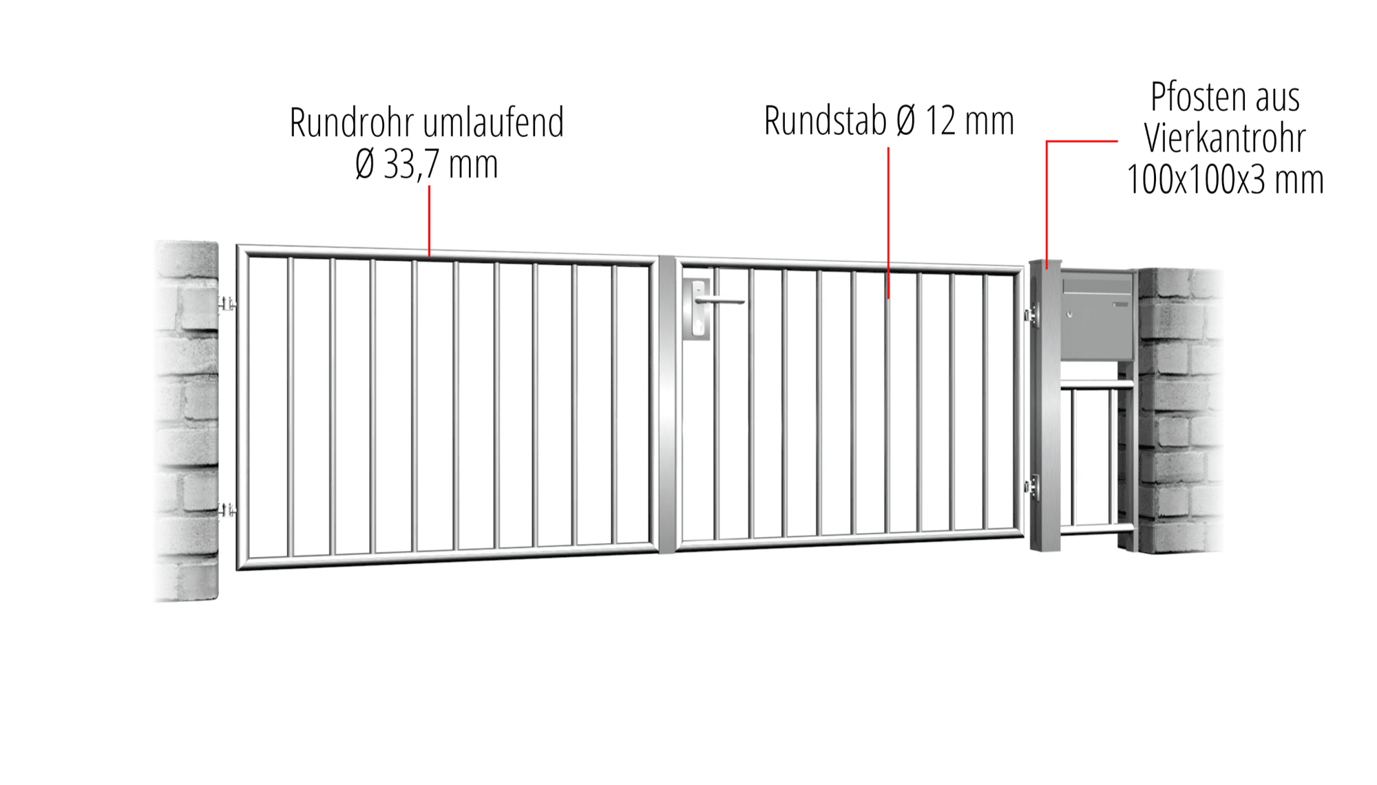 Gartentor Edelstahl 2-flügelig Vertikalstab 2, GE, BK