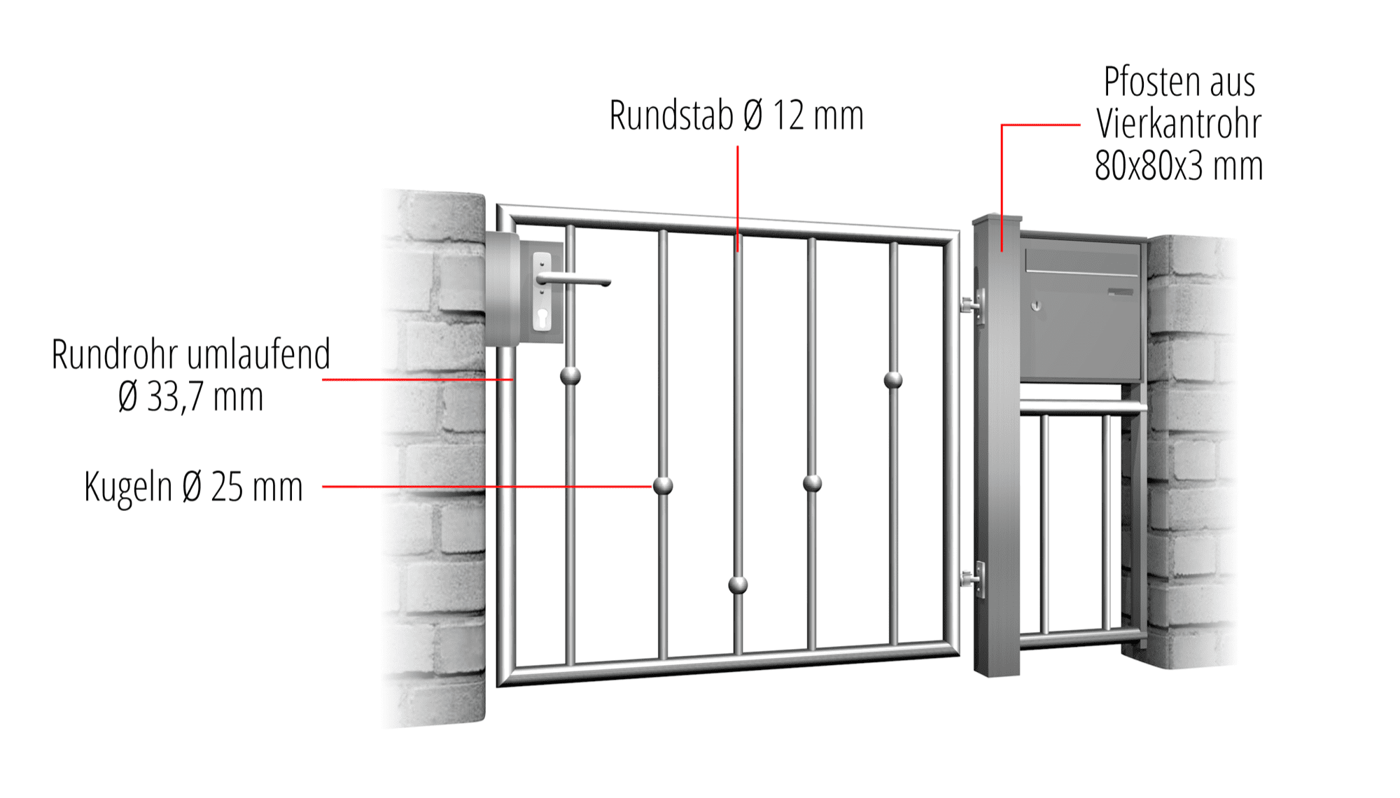 Gartentür Edelstahl 1-flügelig V-Kugeln, GE, BK