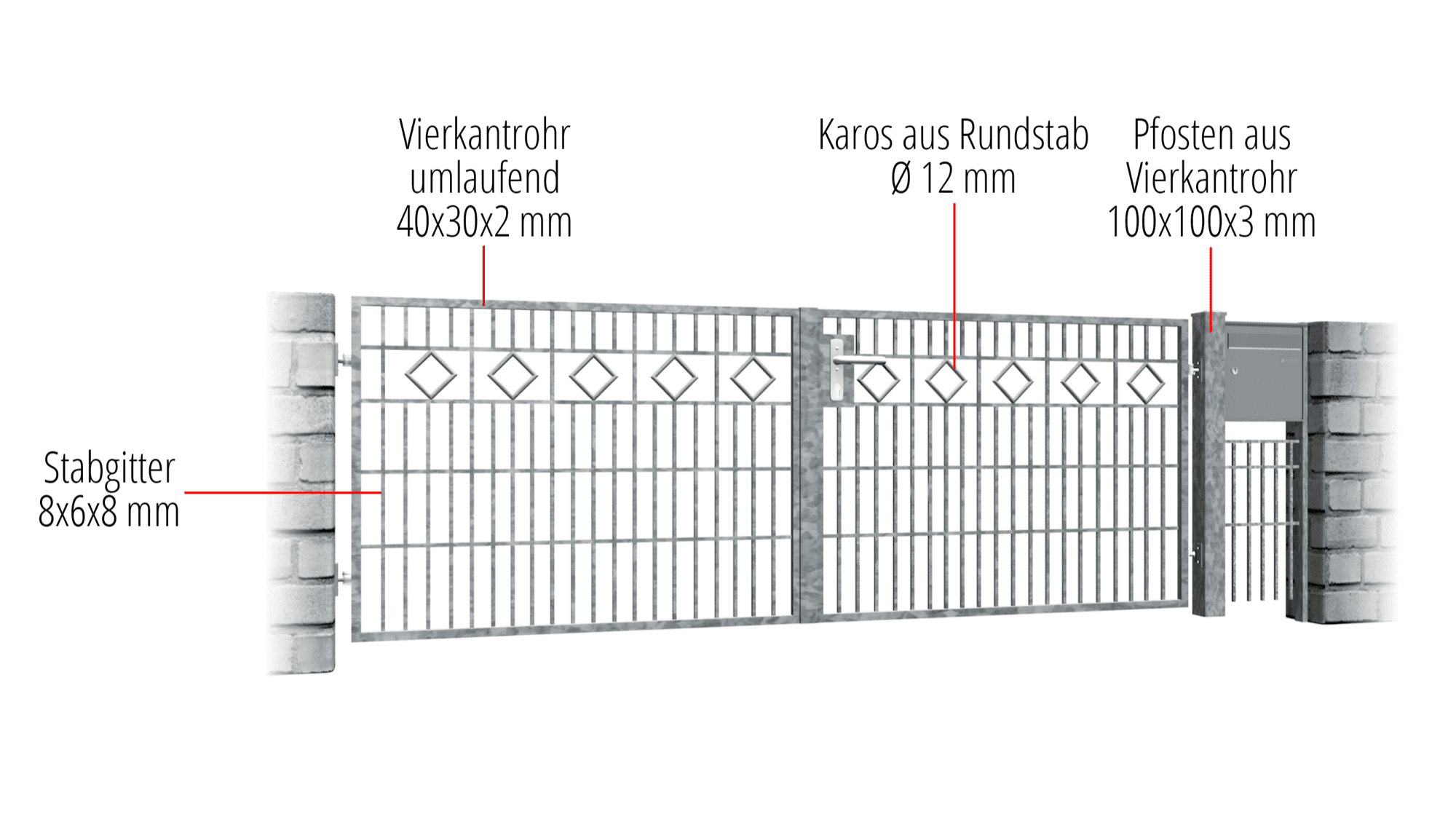 Gartentor verzinkt 2-flügelig Karoreihe, GE, BK