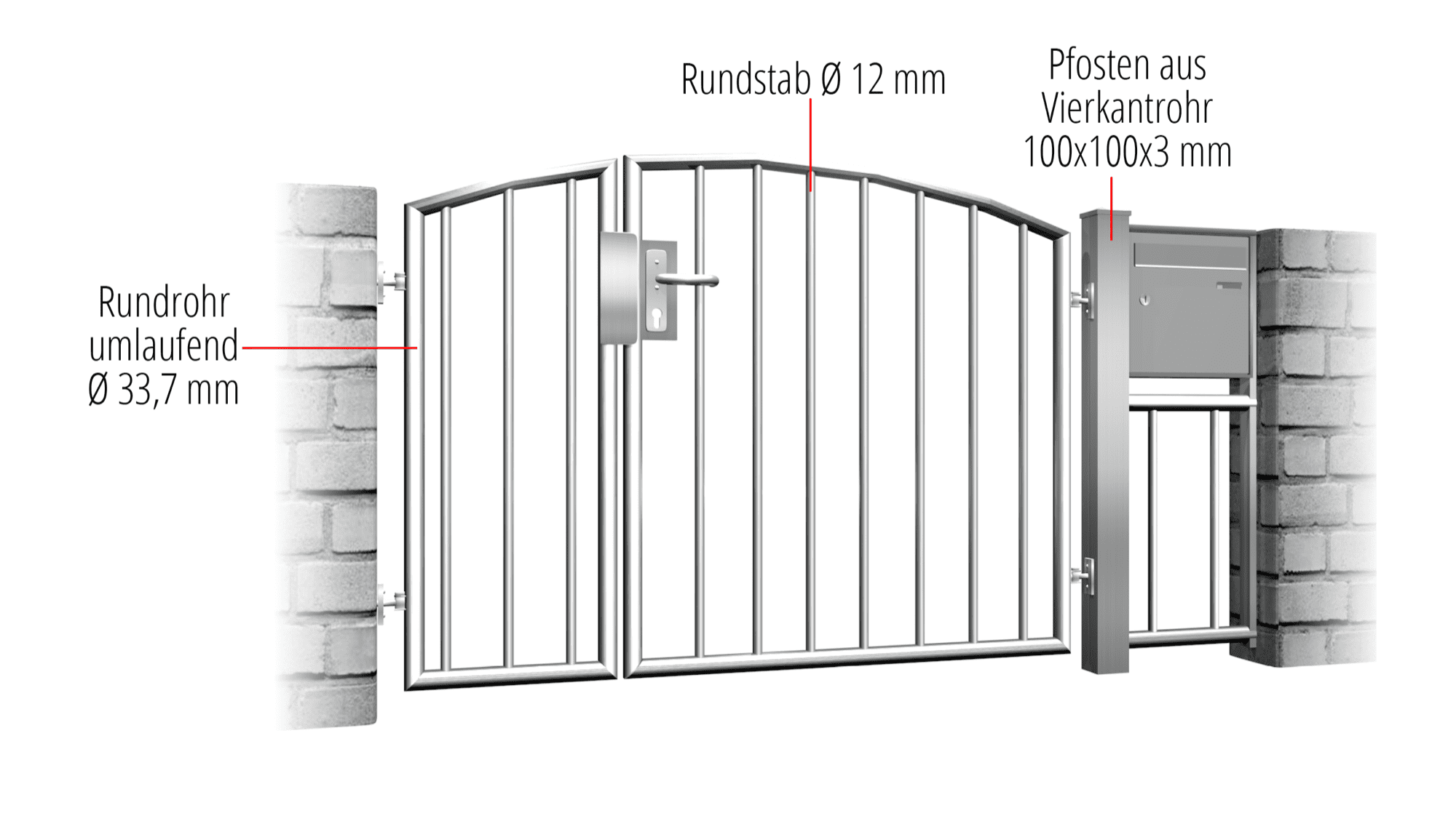 Gartentür Edelstahl 2-flügelig Vertikalstab 2, OB, BK