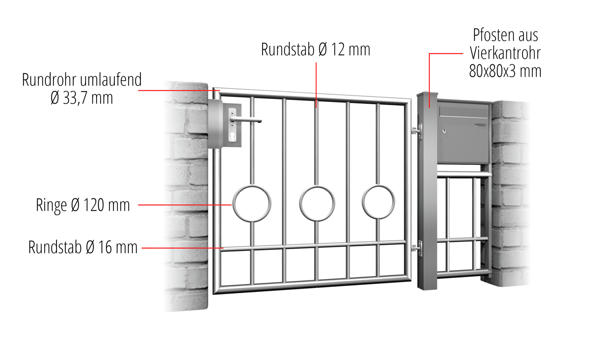 Gartentür Edelstahl 1-flügelig Kreis Stab 2 Unten, GE, BK