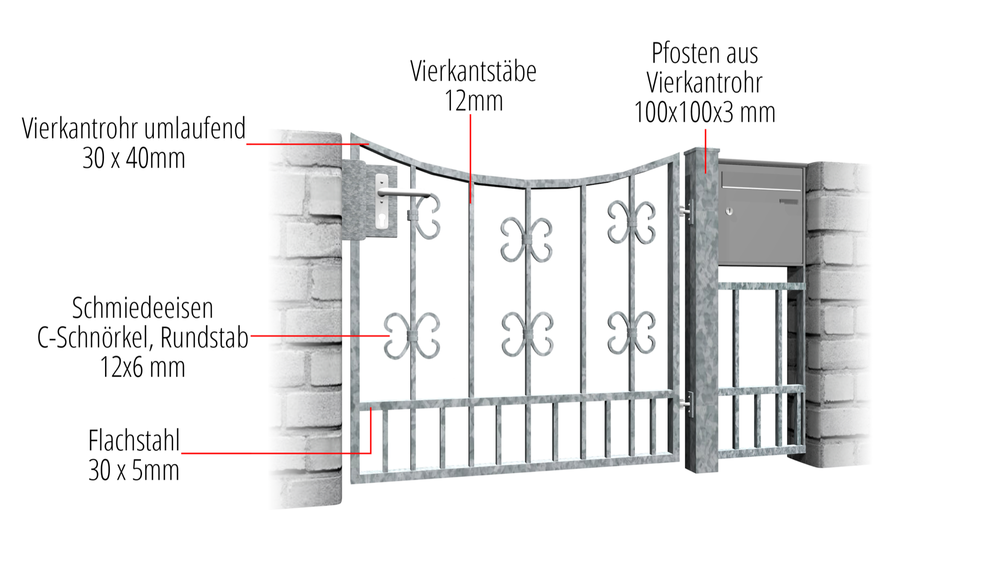 Gartentür verzinkt 1-flügelig Barock, UB, BK