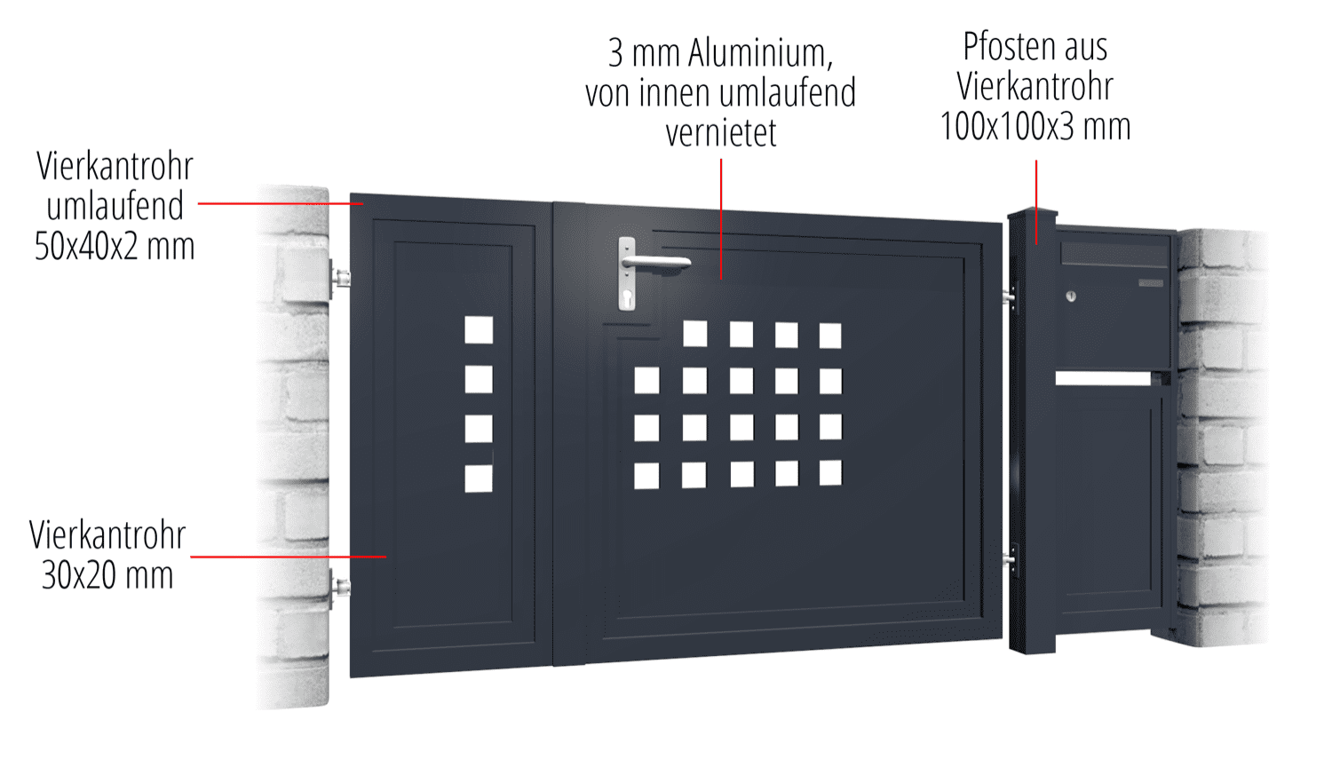 Gartentür Alu 2-flügelig Sichtschutz QLR, GE, BK