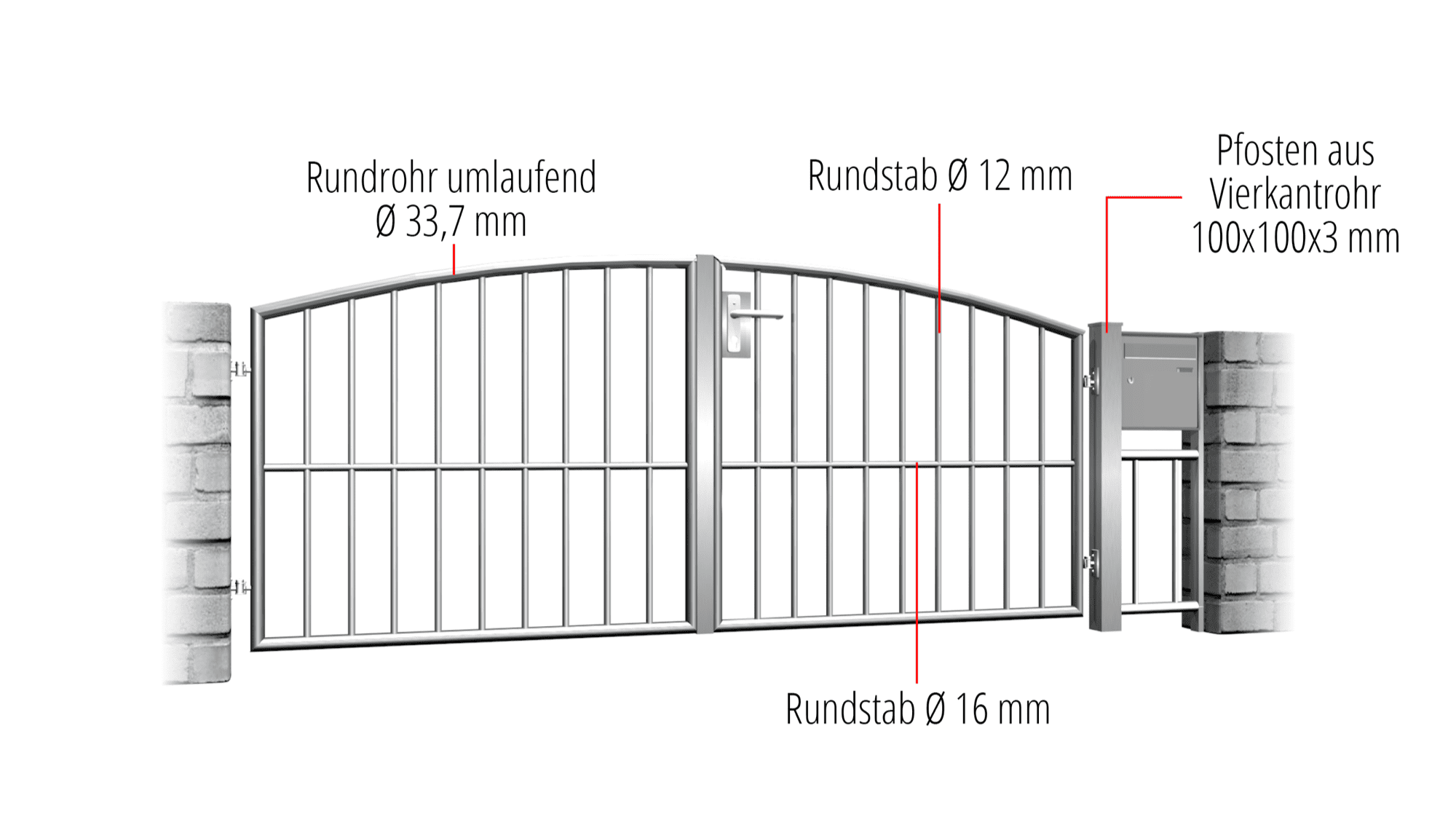 Gartentor Edelstahl 2-flügelig Vertikalstab, OB, BK