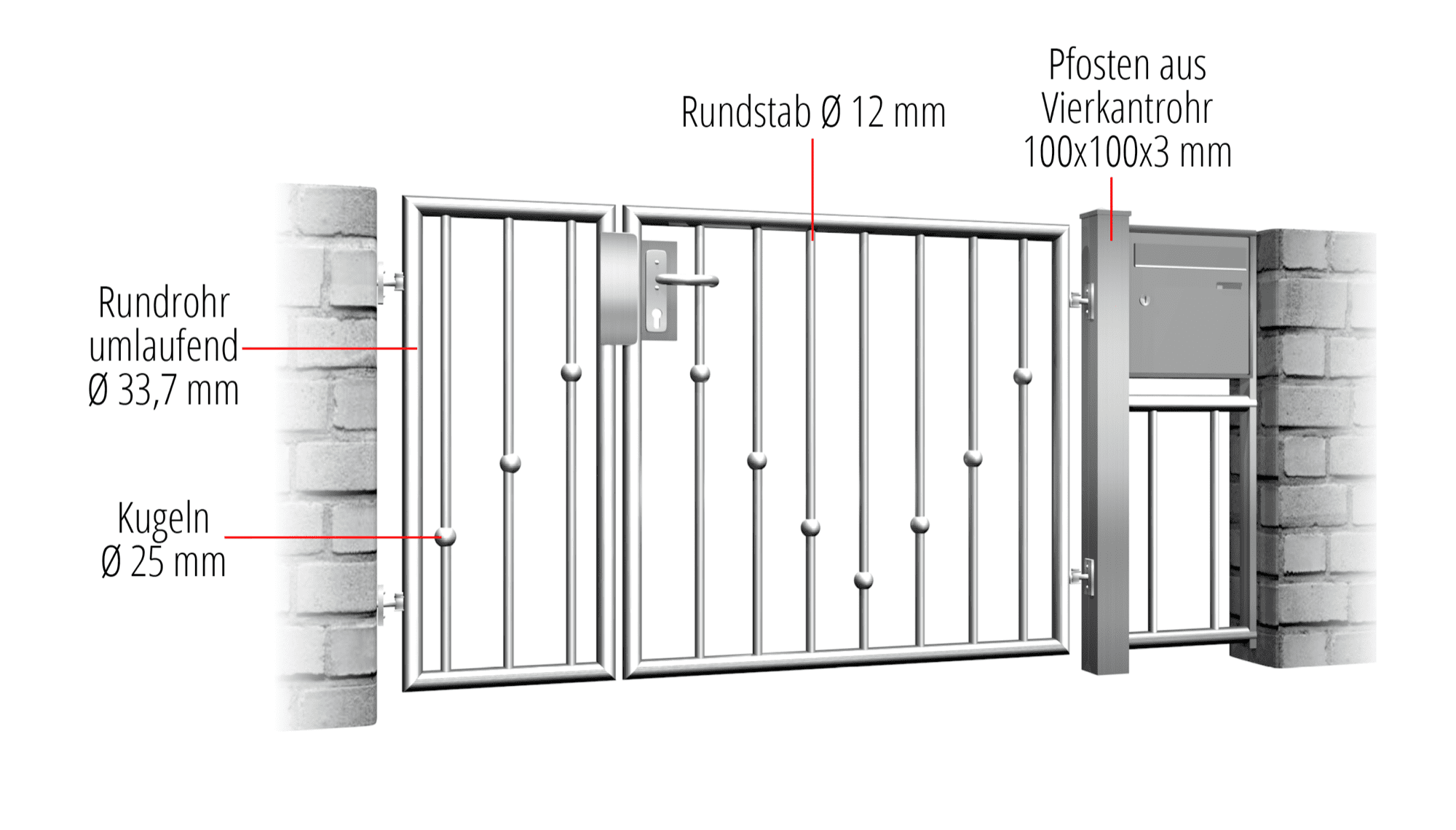 Gartentür Edelstahl 2-flügelig V-Kugeln, GE, BK