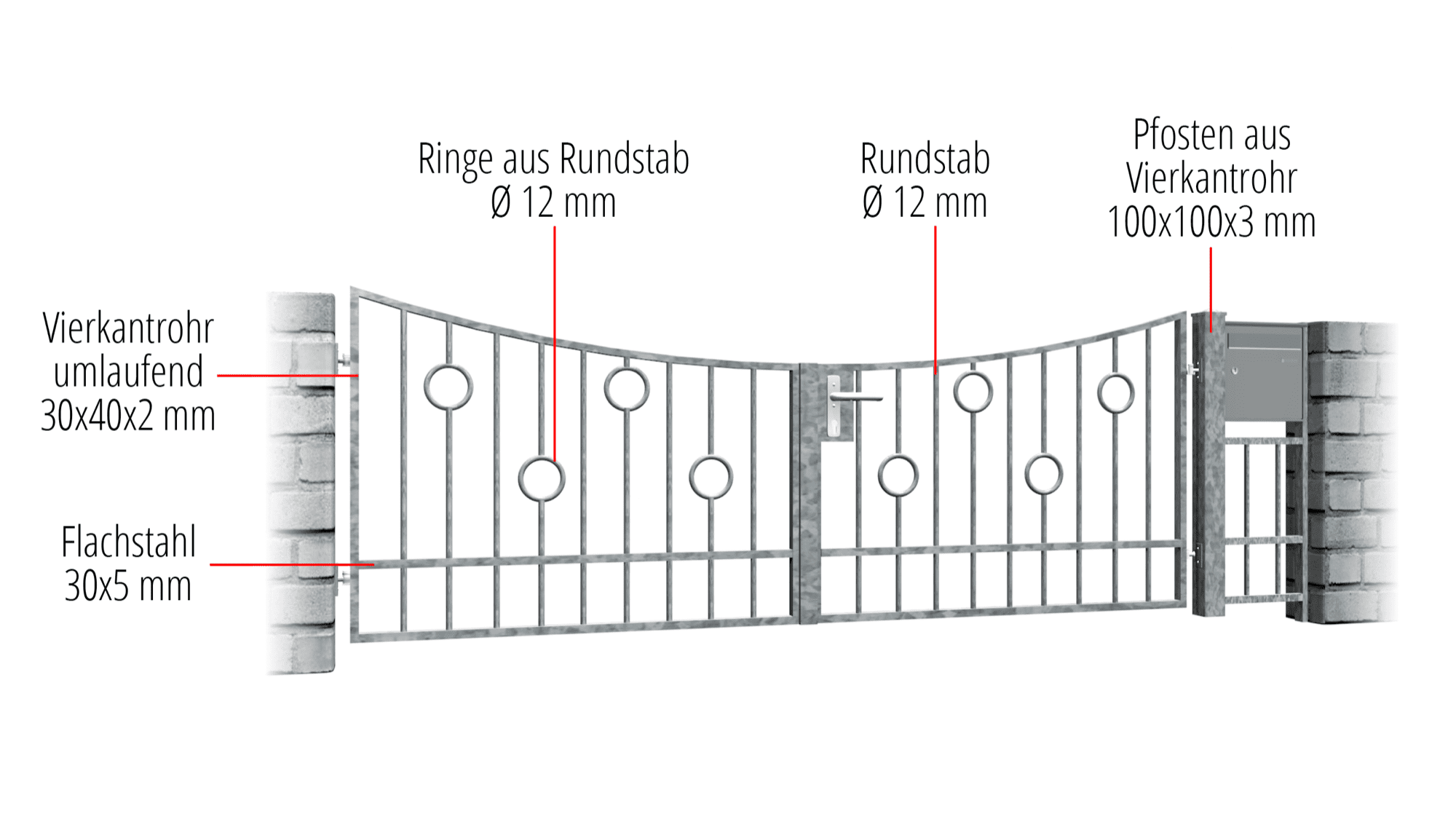 Gartentor verzinkt 2-flügelig Kreis Stab, UB, BK