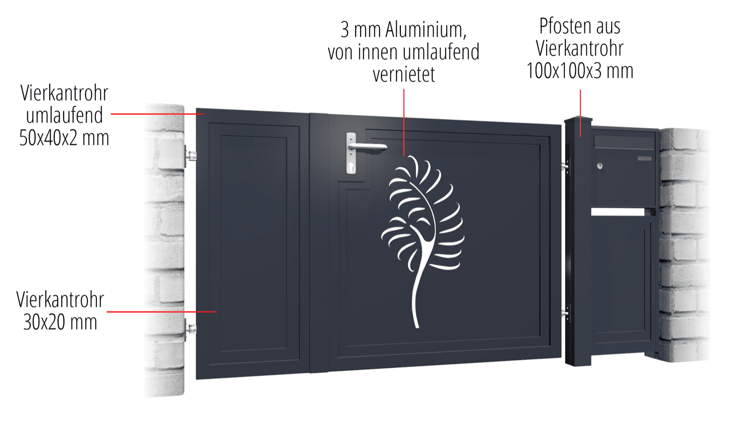 Gartentür Alu 2-flügelig Sichtschutz PF, GE, BK