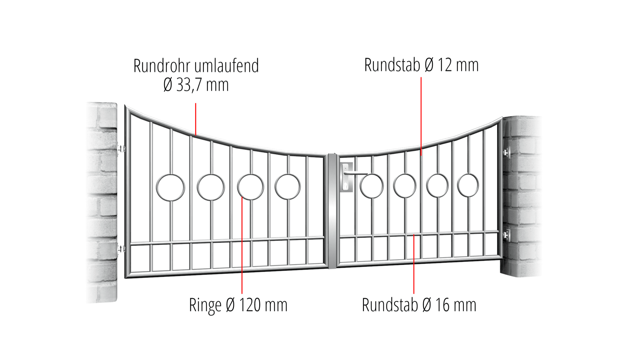 Gartentor Edelstahl 2-flügelig Kreis Stab 2 Mitte, UB