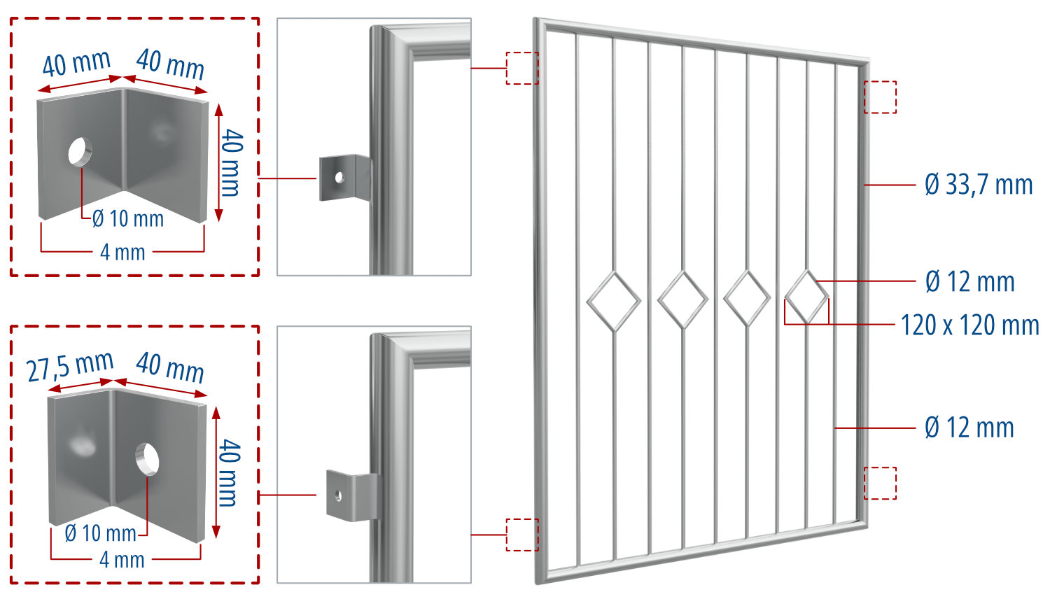 Fenstergitter Edelstahl Karo Stab 