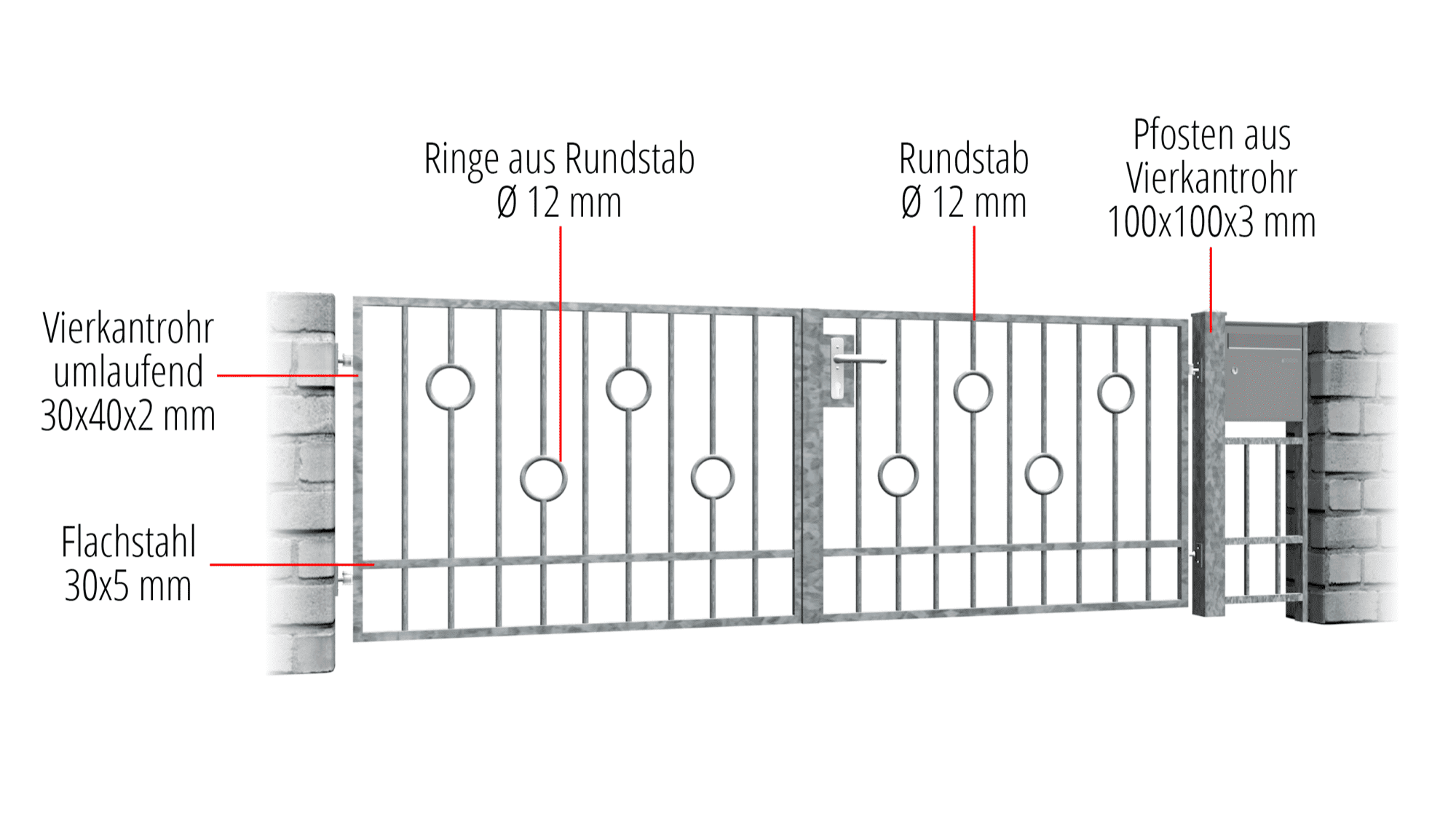 Gartentor verzinkt 2-flügelig Kreis Stab, GE, BK