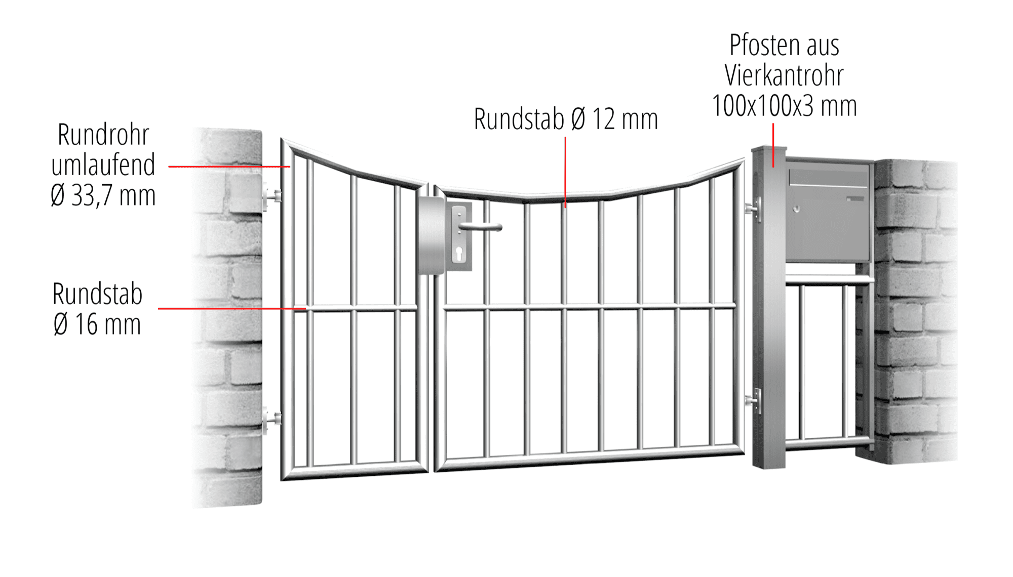 Gartentür Edelstahl 2-flügelig Vertikalstab, UB, BK