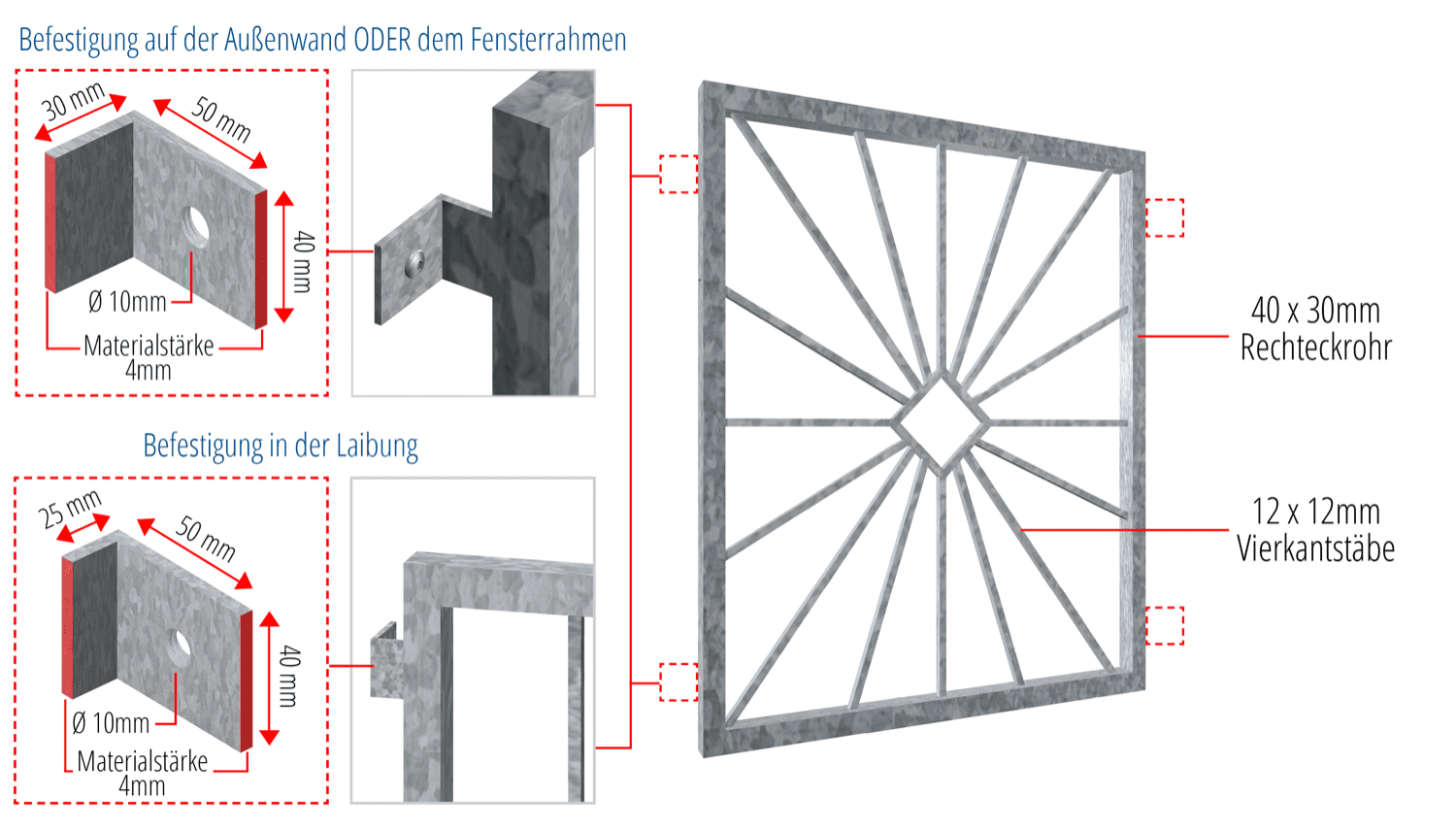 Fenstergitter verzinkt Sonne Karo