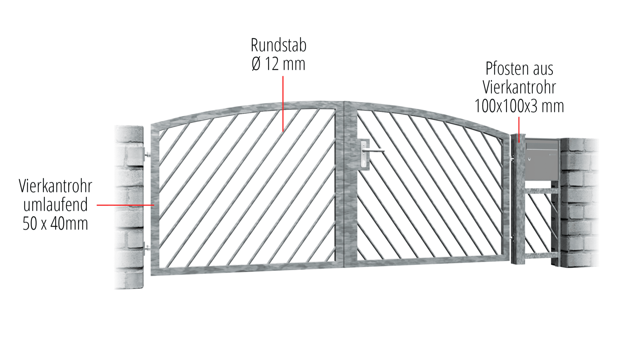 Gartentor verzinkt 2-flügelig Diagonalstab, OB, BK