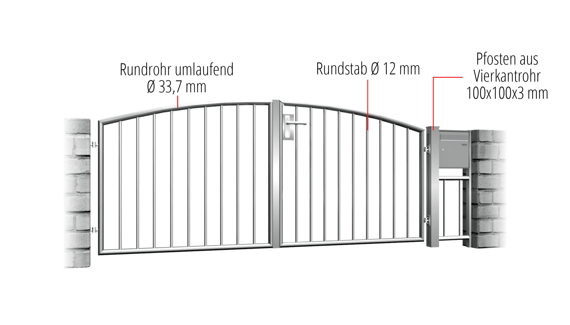 Gartentor Edelstahl 2-flügelig Vertikalstab 2, OB, BK