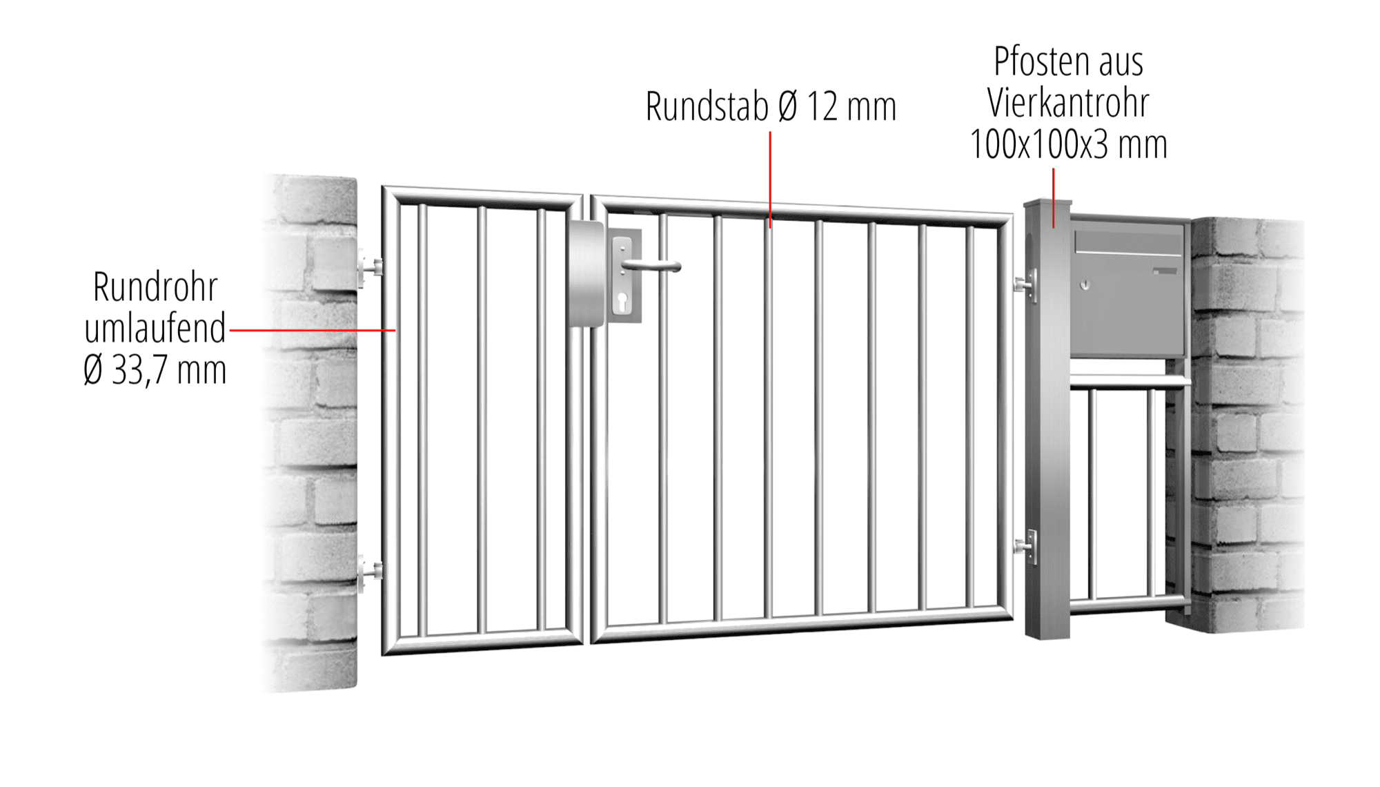 Gartentür Edelstahl 2-flügelig Vertikalstab 2, GE, BK