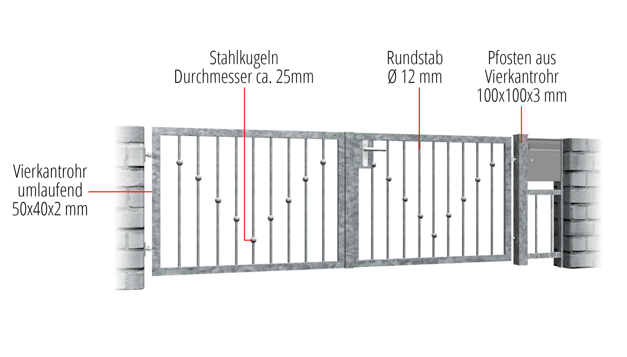 Gartentor verzinkt 2-flügelig V-Kugeln, GE, BK