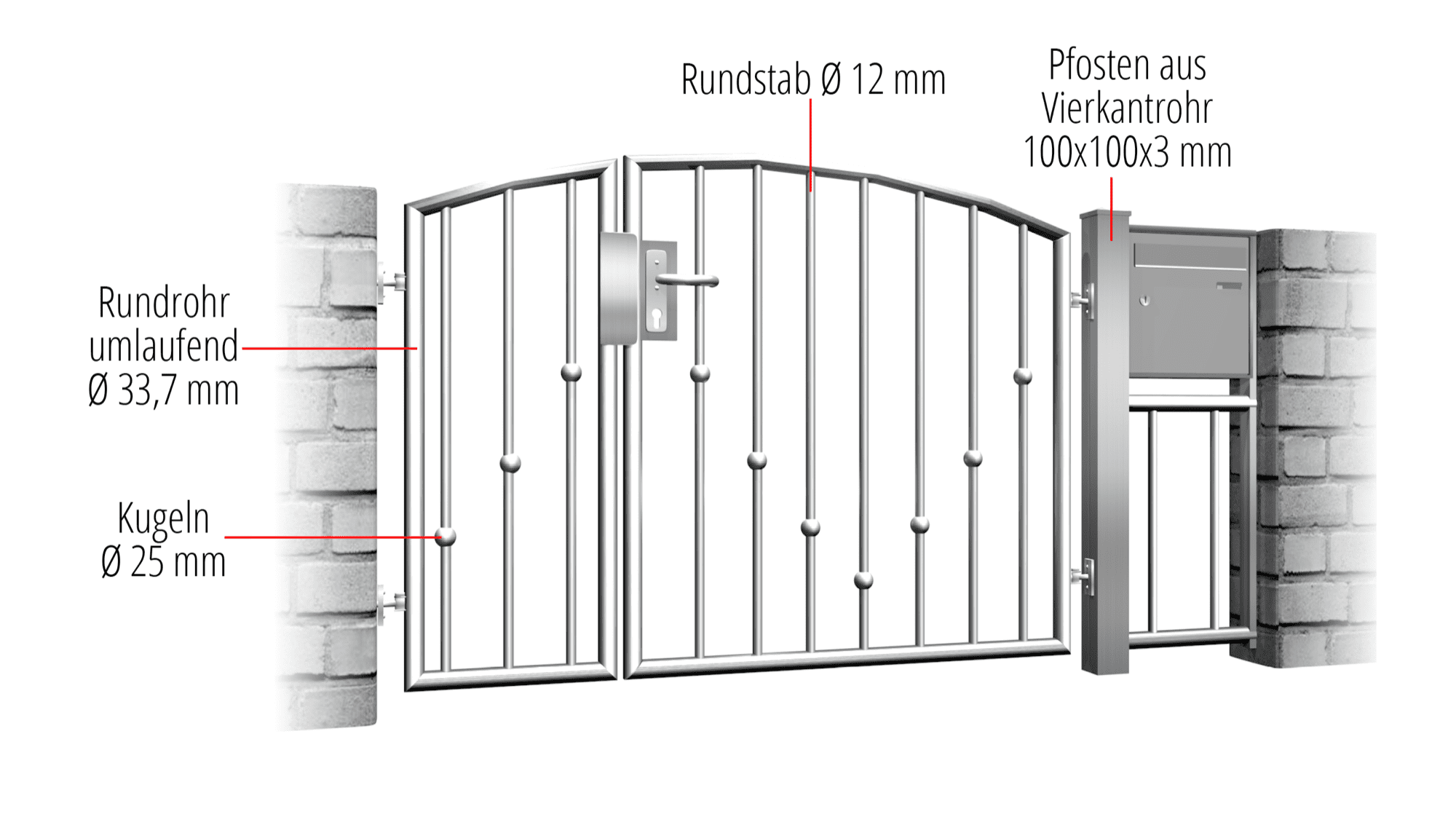 Gartentür Edelstahl 2-flügelig V-Kugeln, OB, BK