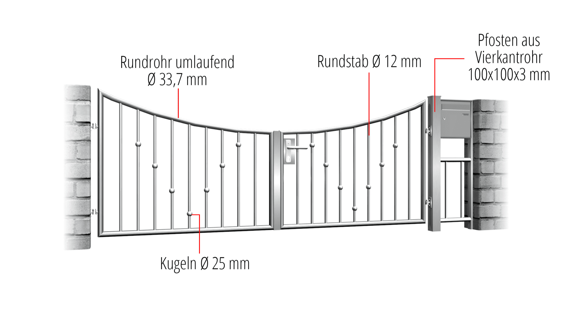 Gartentor Edelstahl 2-flügelig V-Kugeln, UB, BK