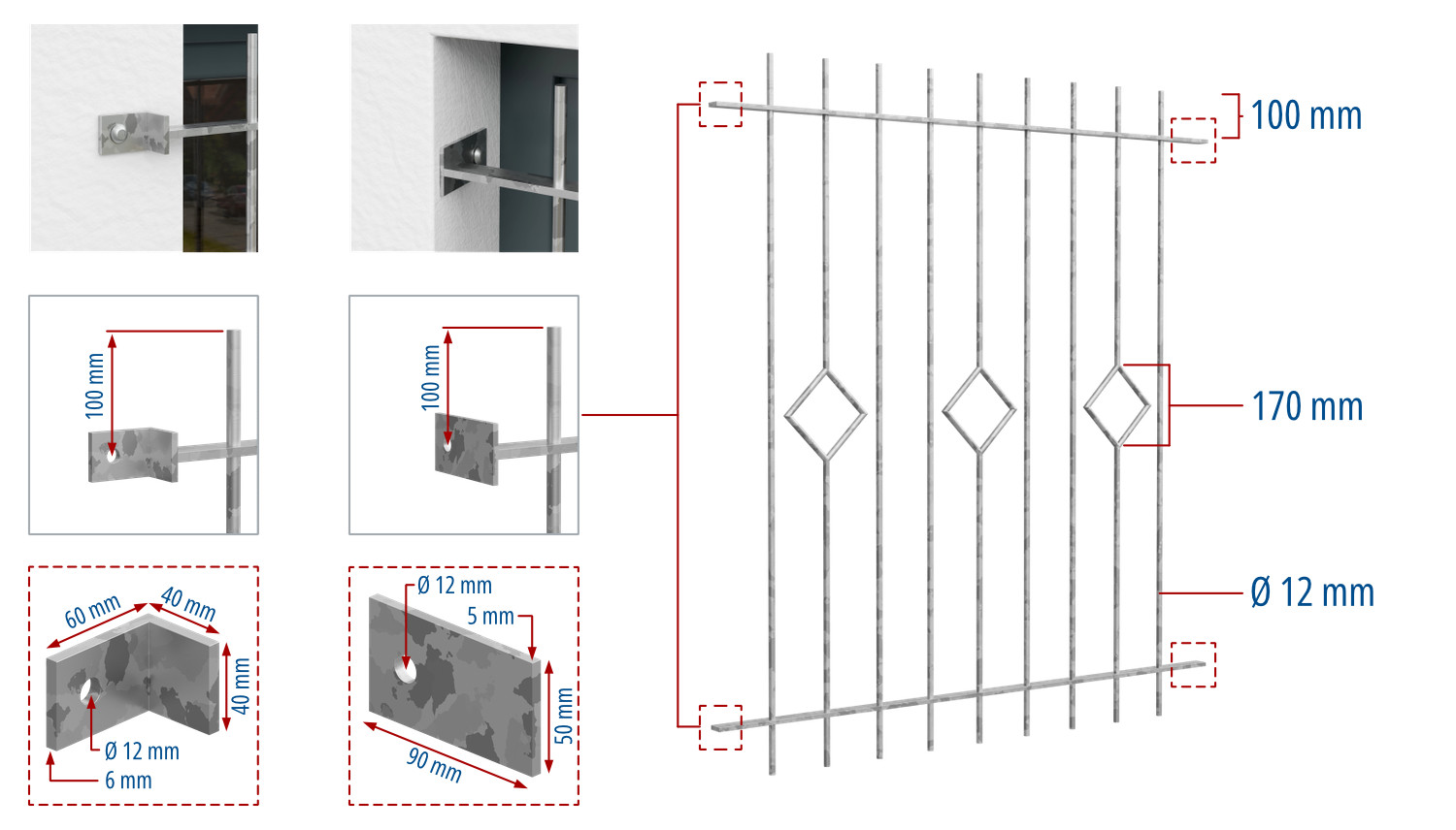 Fenstergitter verzinkt Karo Stab