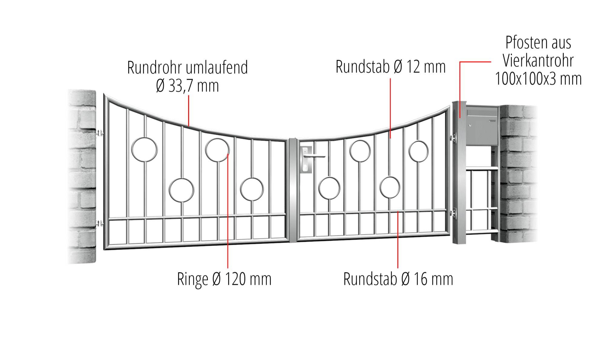 Gartentor Edelstahl 2-flügelig Kreis Stab, UB, BK