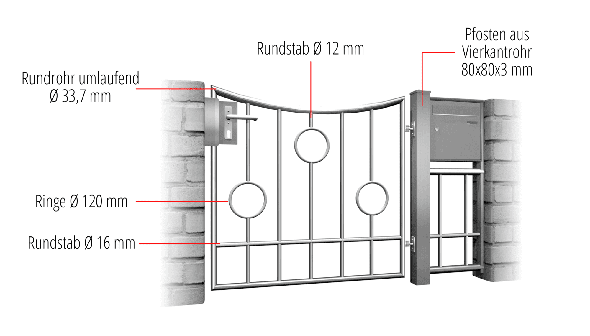 Gartentür Edelstahl 1-flügelig Kreis Stab, UB, BK