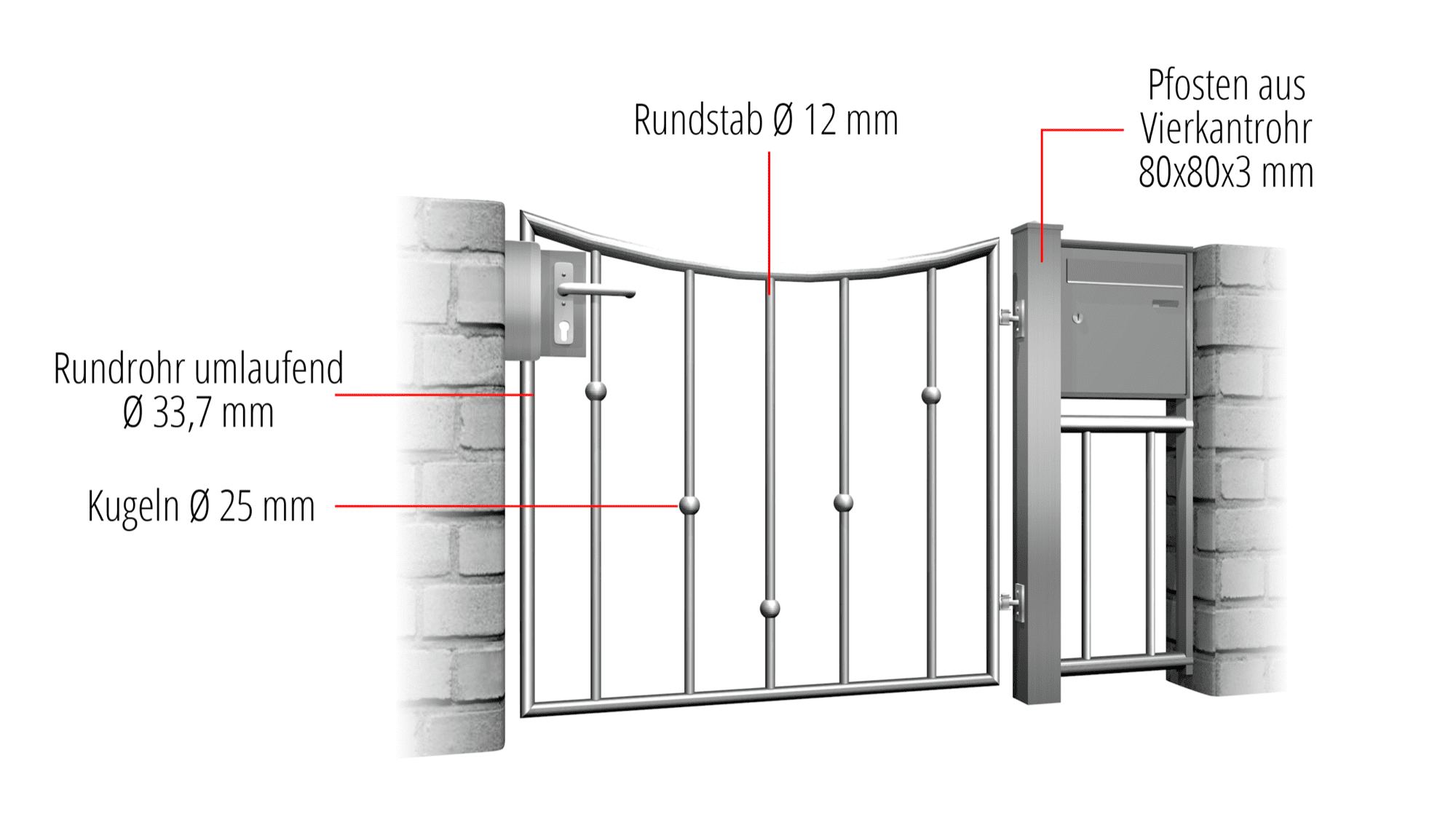 Gartentür Edelstahl 1-flügelig V-Kugeln, UB, BK