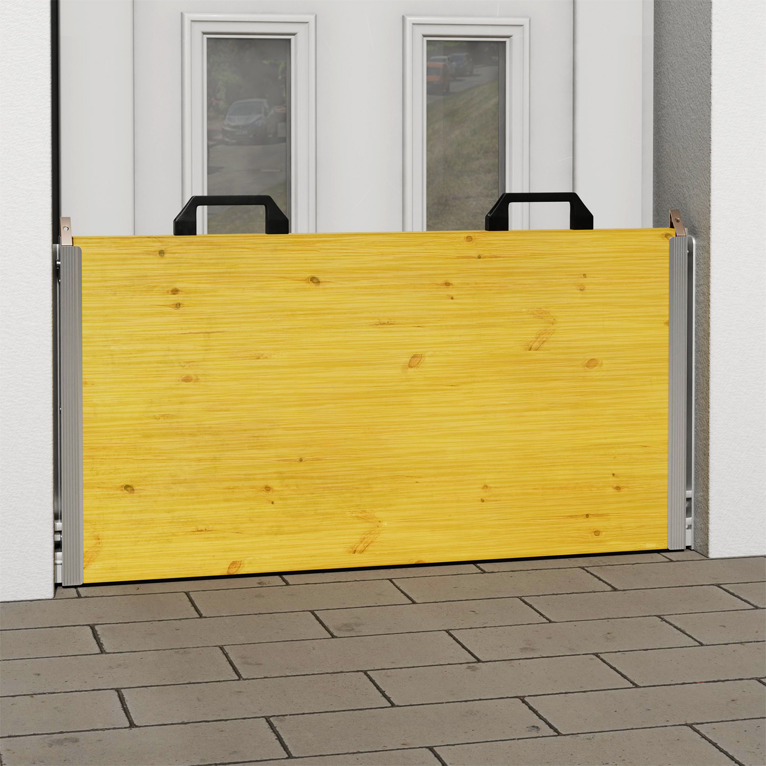 Mobile Wasserschutzwand aus Aluminium und Holz