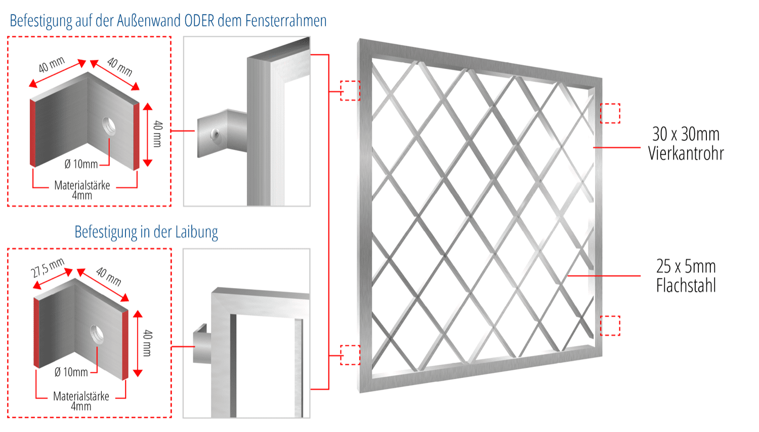 Fenstergitter Edelstahl Rauten Flachstahl