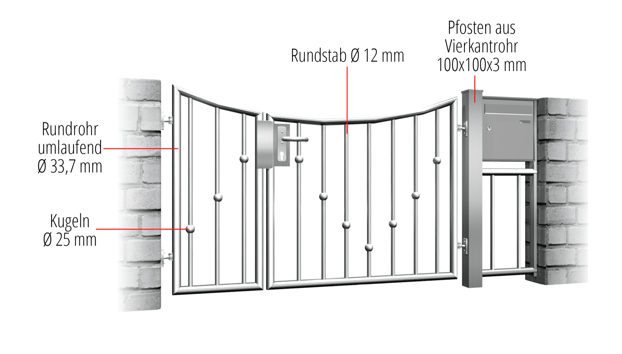 Gartentür Edelstahl 2-flügelig V-Kugeln, UB, BK