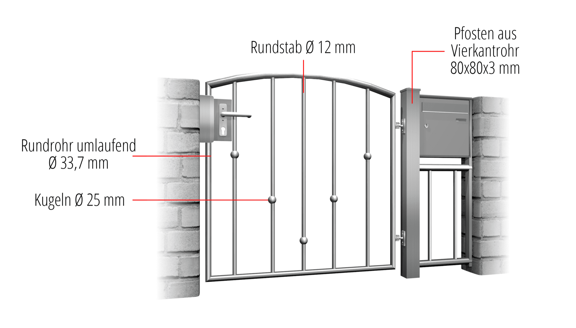 Gartentür Edelstahl 1-flügelig V-Kugeln, OB, BK