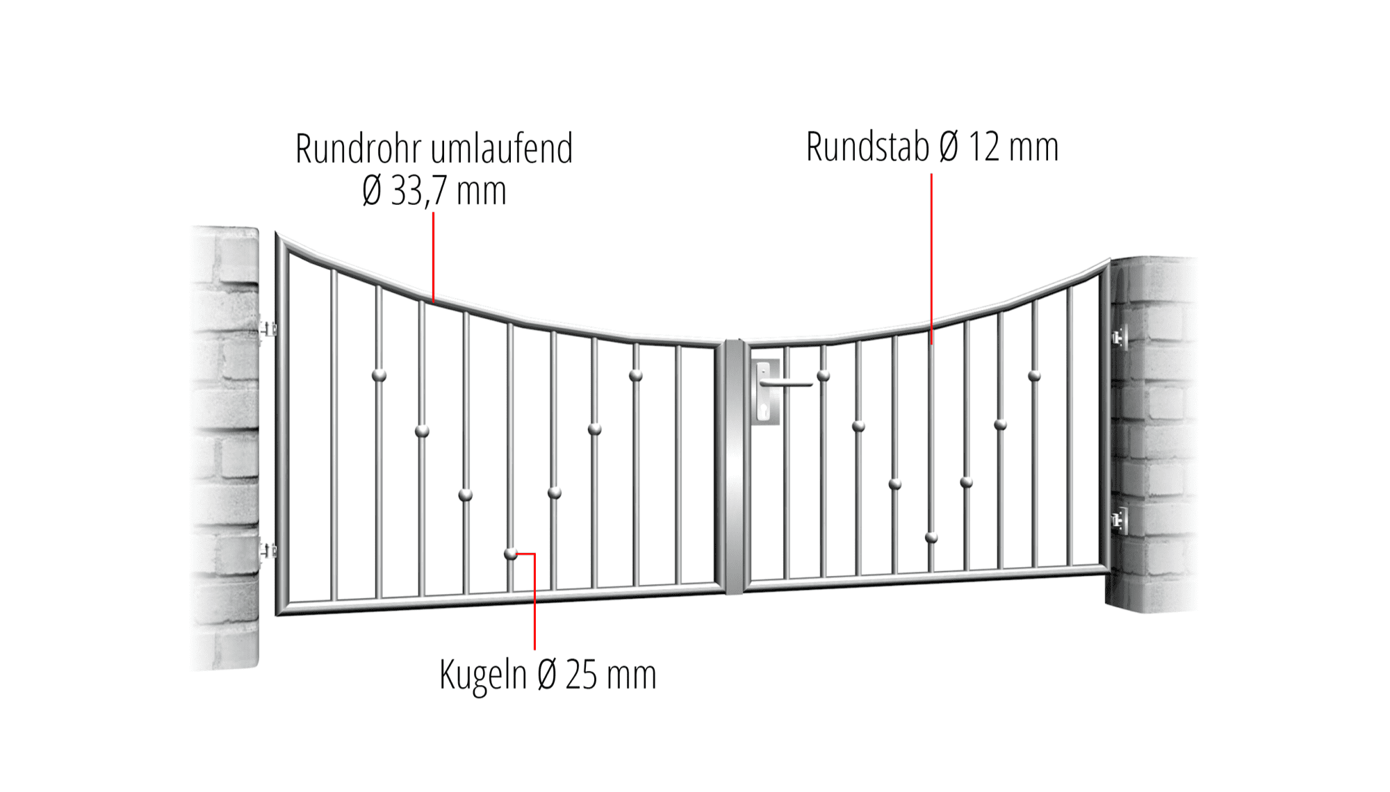 Gartentor Edelstahl 2-flügelig V-Kugeln, UB