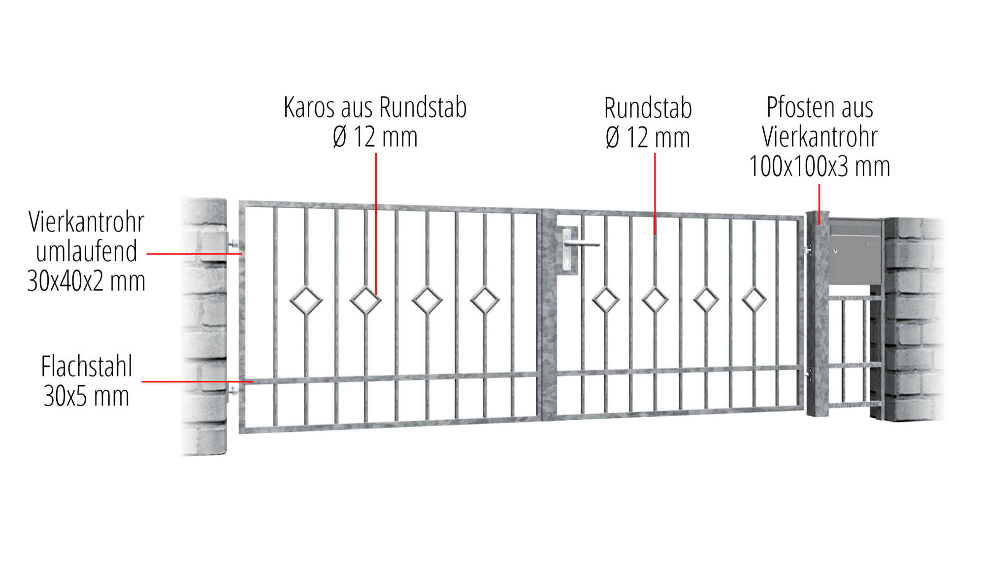 Gartentor verzinkt 2-flügelig Karo Stab, GE, BK