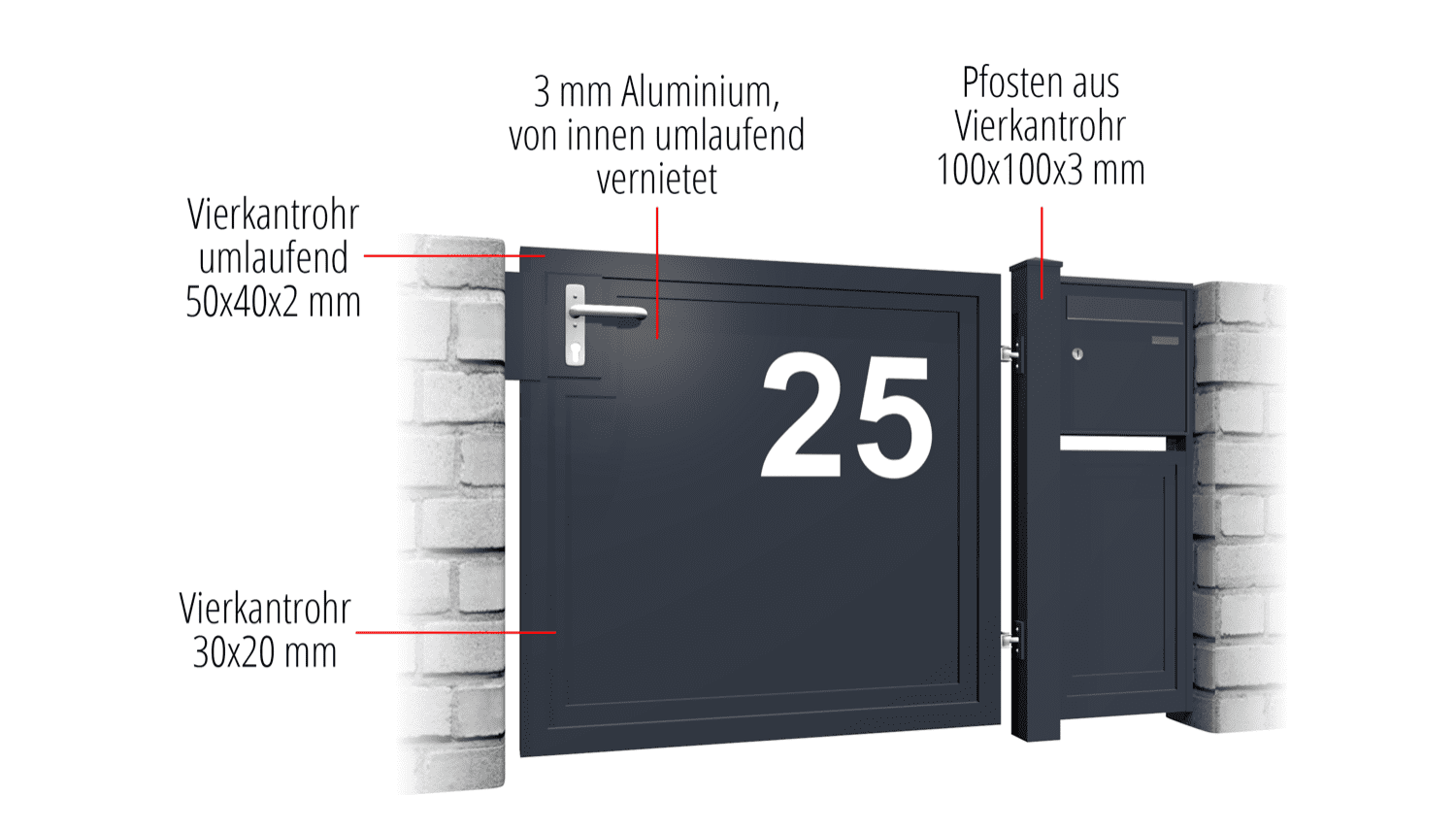 Gartentür Alu 1-flügelig Sichtschutz HNR, GE, BK