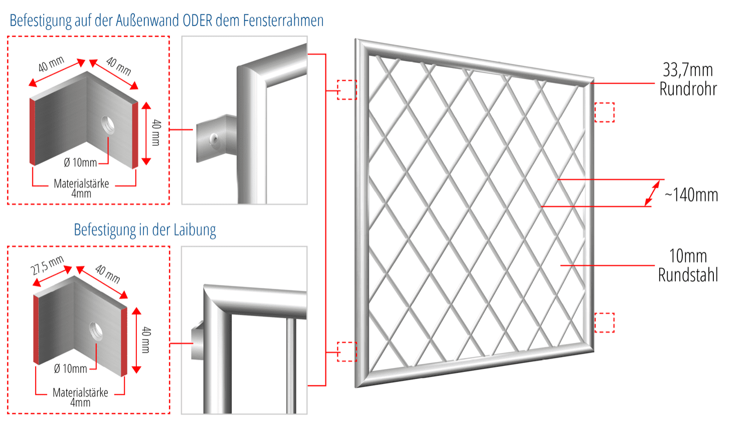 Fenstergitter Edelstahl Rauten Rundstab