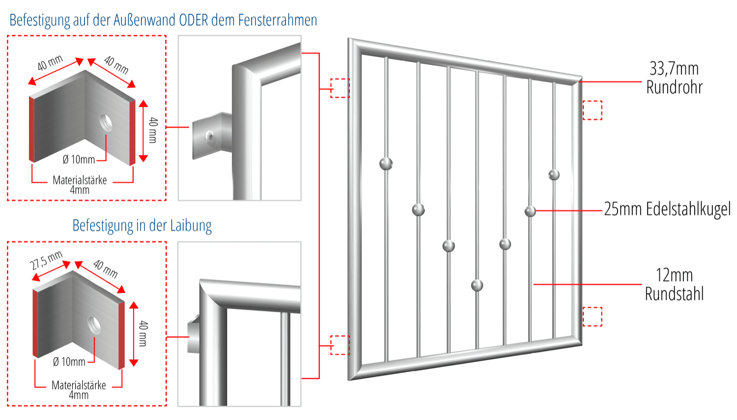 Fenstergitter Edelstahl V-Kugeln 