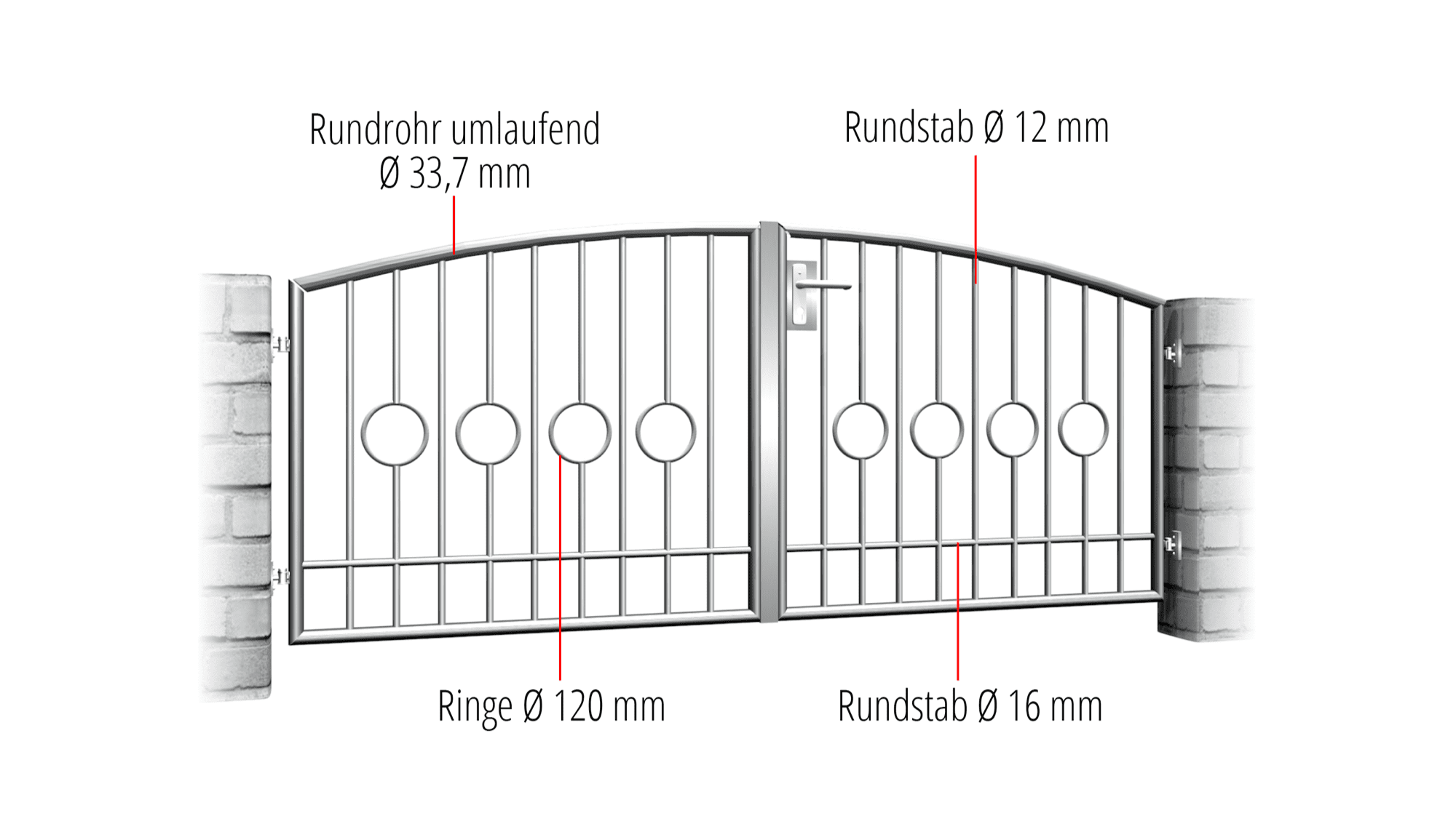 Gartentor Edelstahl 2-flügelig Kreis Stab 2 Mitte, OB