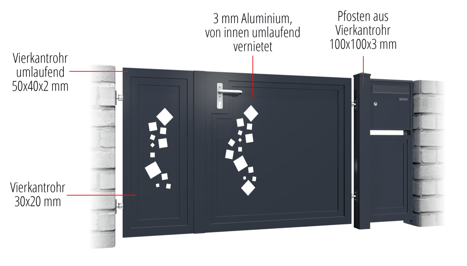 Gartentür Alu 2-flügelig Sichtschutz QE, GE, BK