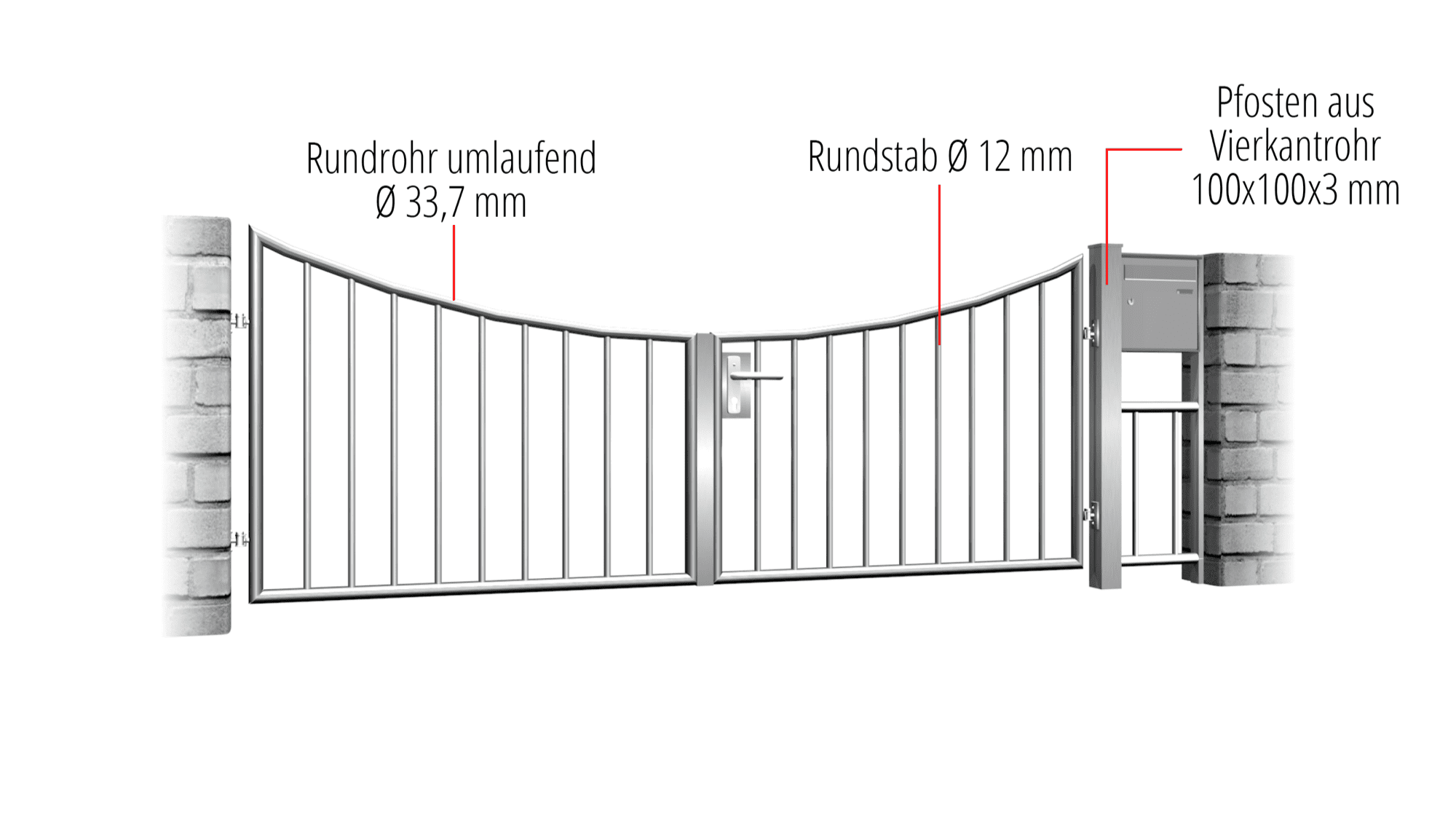 Gartentor Edelstahl 2-flügelig Vertikalstab 2, UB, BK