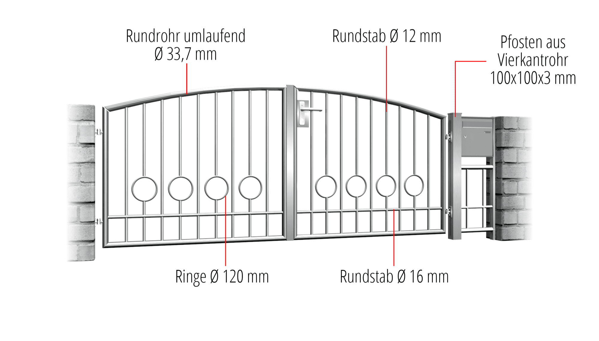 Gartentor Edelstahl 2-flügelig Kreis Stab 2 Unten, OB, BK