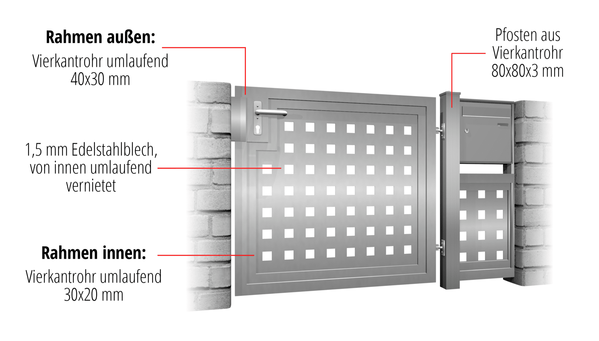 Gartentür Edelstahl 1-flügelig Sichtschutz QL, GE, BK