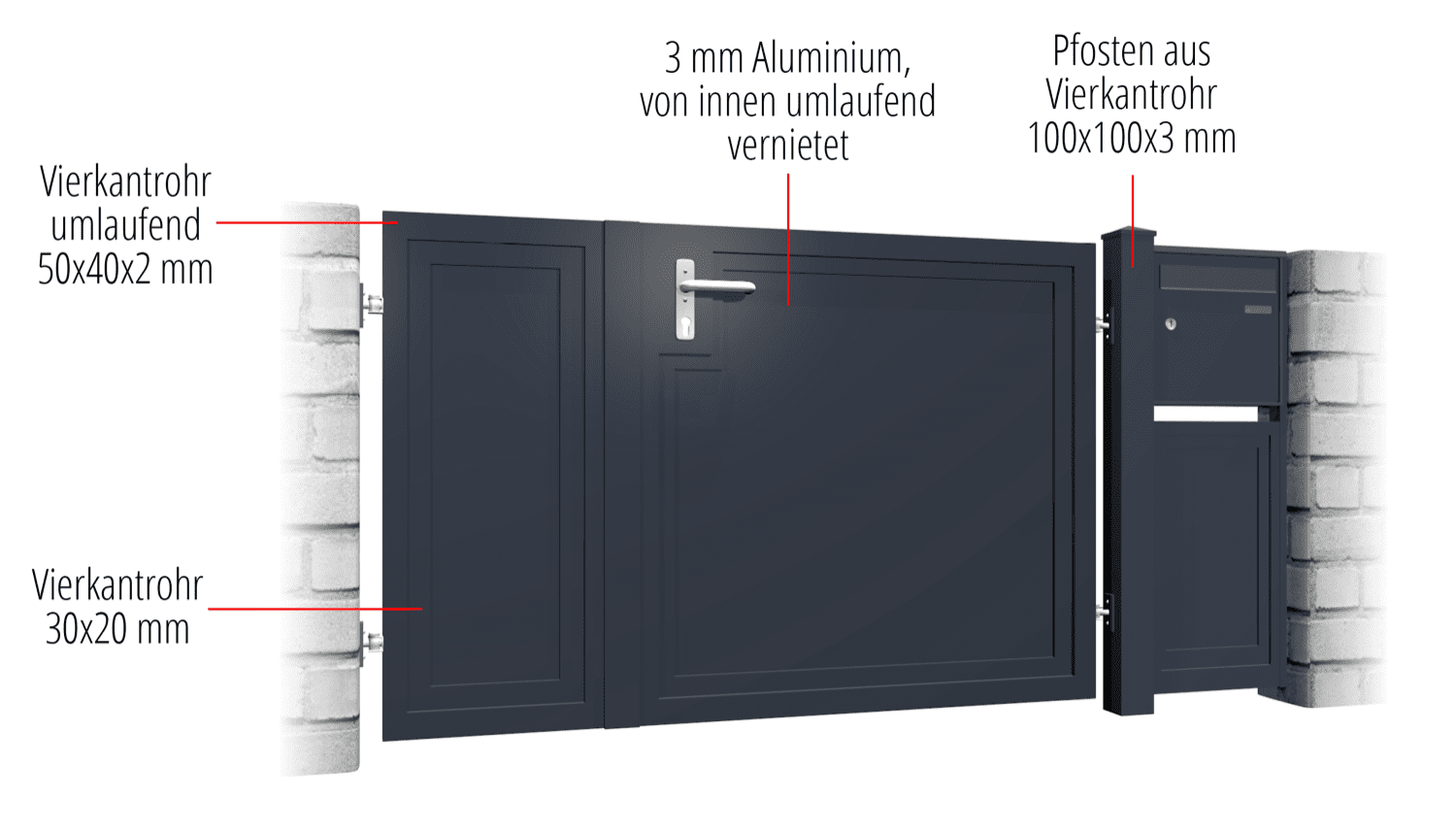 Gartentür Alu 2-flügelig Sichtschutz BD, GE, BK