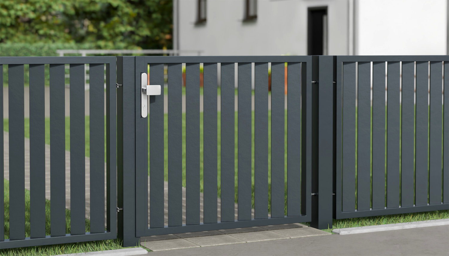 Gartentür Alu 1-flügelig Sichtschutz Lamellen vertikal schräg, GE
