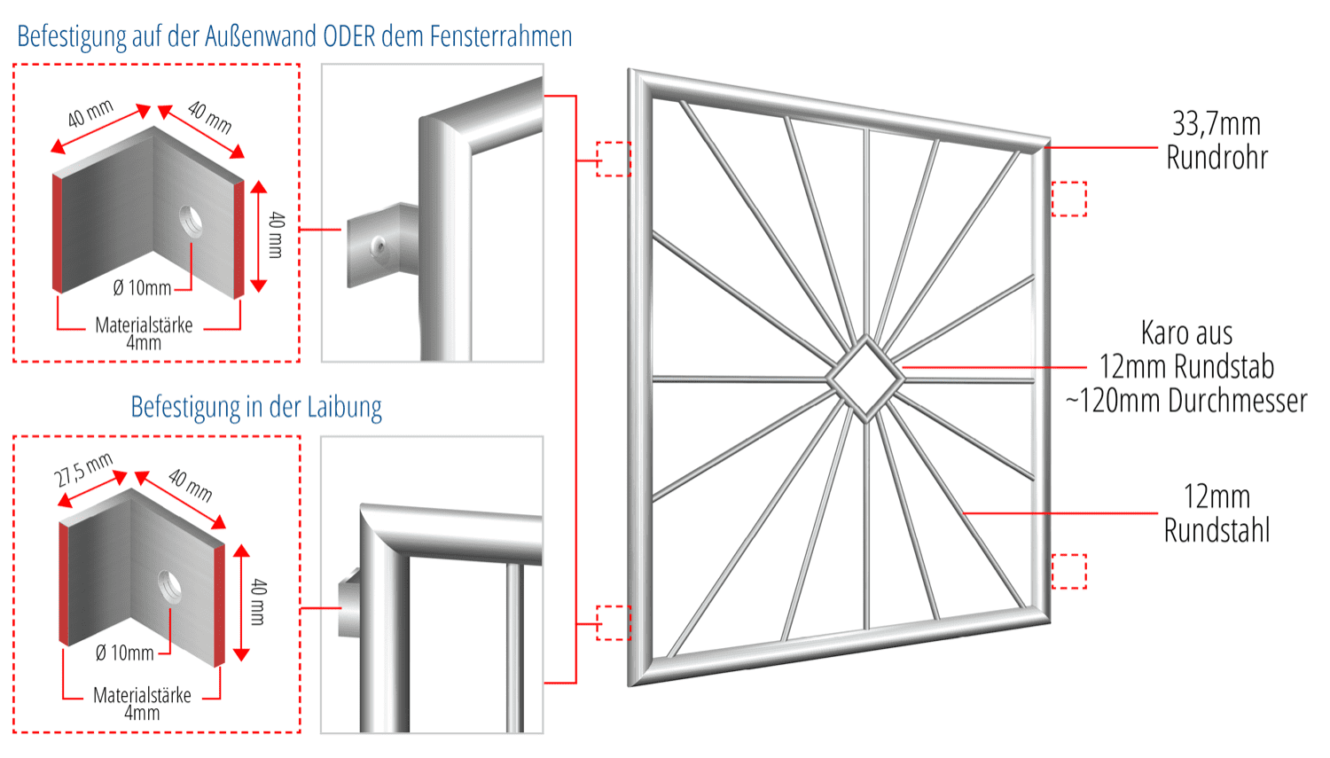 Fenstergitter Edelstahl Sonne Karo 